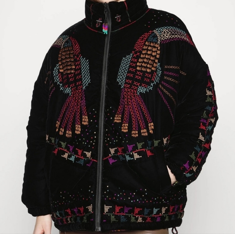 NWT Farm Rio Embroidered Tropical Reversible Puffer Jacket Coat
